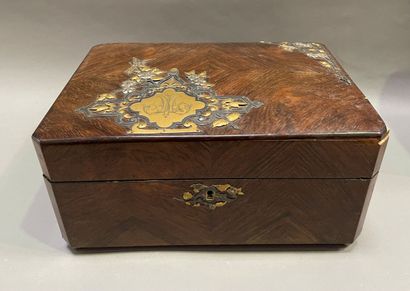 null Rosewood veneer case with applied brass, pewter and silver decoration, engraved...