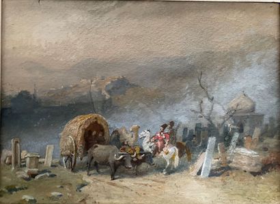 null Orientalist school 

Rider stopping an ox cart in a cemetery 

Gouache and watercolor...