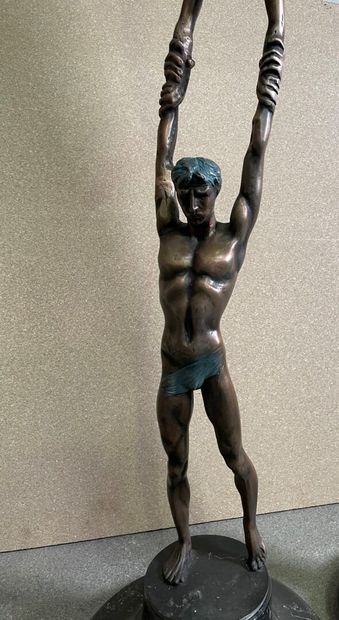null Two lamp posts in metal with blue and gold patina: "acrobats" and "Naiad", black...