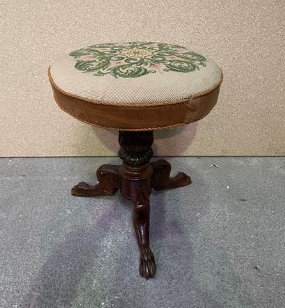 null Piano stool upholstered with tapestry decorated with flowers, the tripod base...