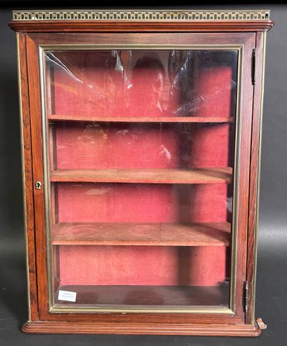 null Small wall-mounted display case with one door in rosewood veneer and brass molding,...
