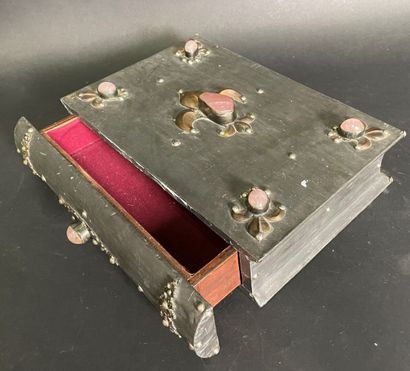 null Metal box simulating a book decorated with fleur-de-lis inlaid with rose quartz...