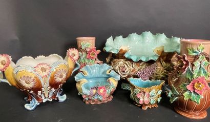 Set of barbotines including : Pair of vases...