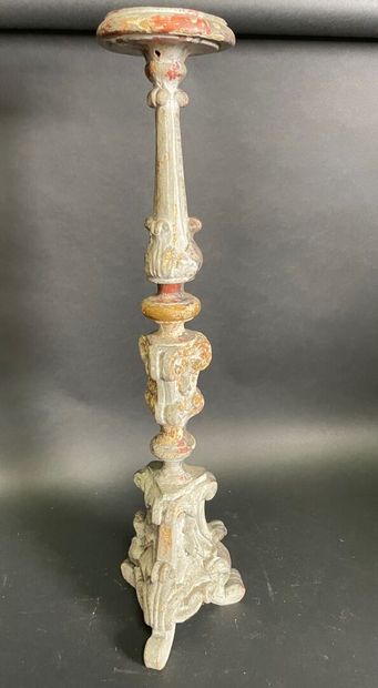 null Pique-cierge in carved wood, grey lacquered, tripod base.

Italian work of the...