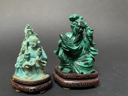 null Seated monk and Buddha in carved turquoise and malachite.

China, 20th century.

H...
