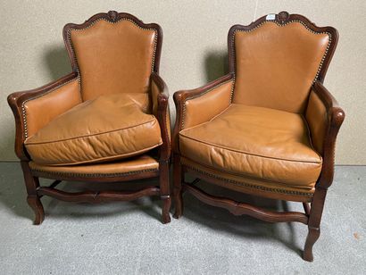 Pair of armchairs in varnished wood, molded...