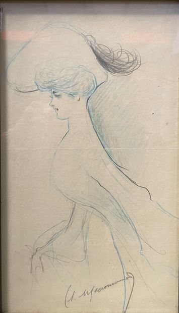 null French school around 1900



Woman with a hat 



Black and blue pencil drawing...