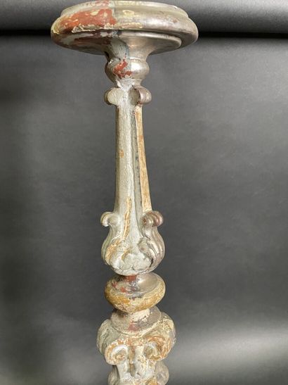 null Pique-cierge in carved wood, grey lacquered, tripod base.

Italian work of the...