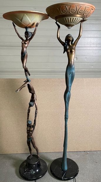 null Two lamp posts in metal with blue and gold patina: "acrobats" and "Naiad", black...