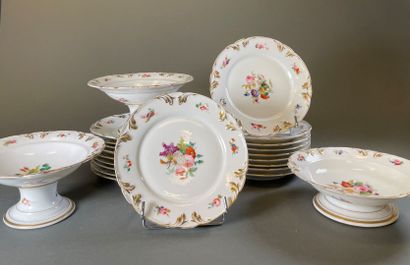 null Porcelain cake service with polychrome decoration of flowers heightened with...