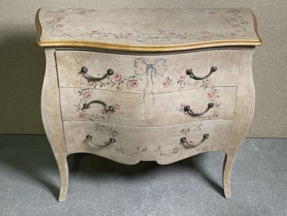 null Chest of drawers with three drawers in wood painted with flowers and ribbons,...