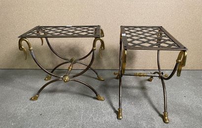 null Pair of wrought iron curved stools decorated with swans' necks, seats with a...
