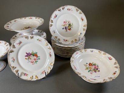 null Porcelain cake service with polychrome decoration of flowers heightened with...