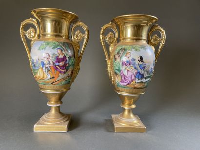 null Pair of porcelain baluster vases decorated with polychrome galant scenes and...