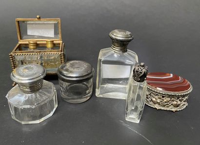 Lot of small bottles with metal mountings...