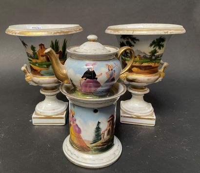 Pair of porcelain vases and tea pot decorated...