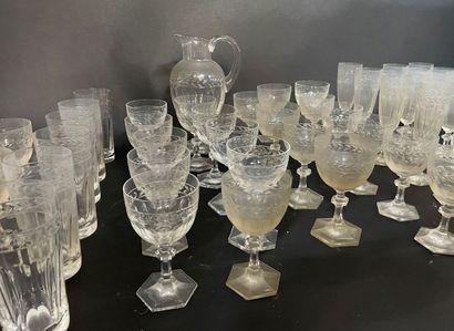 null Service of crystal stemmed glasses engraved with a frieze of water leaves including...