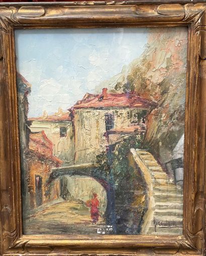 null Italo GIORDANI (1882-1956) 

-Street in Italy 

Oil on panel signed lower right

-Undergrowth

Oil...
