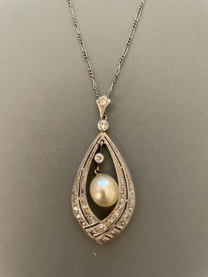 null Pendant decorated with a cultured pearl under a brilliant in the center of a...