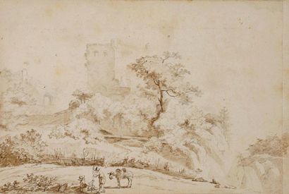Charles ESCHARD (1748-1810) Paysage aux ruines animées de personnages Pierre noire,...