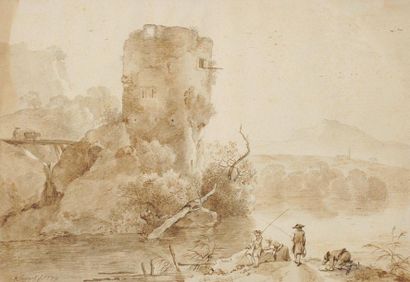 Johann Christian KLENGEL (1751-1824) Paysage aux ruines avec pêcheurs Pierre noire,...