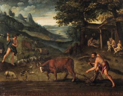 École Flamande du XVIIe siècle La famille d'Adam et Ève, d'après Martin de Vos Huile...
