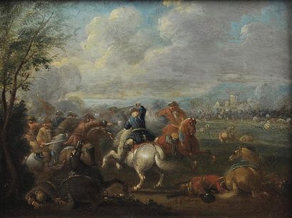 École Flamande du XVIIe siècle Dans le goût des WOUWERMAN Choc de cavalerie Deux...