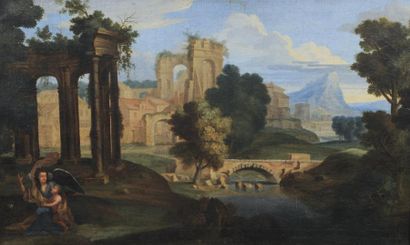 École française du XVIIe siècle Paysage aux ruines romaines avec un enfant et son...