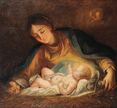 École Italienne du XVIIIe siècle Vierge à l'Enfant Huile sur toile, marouflée sur...