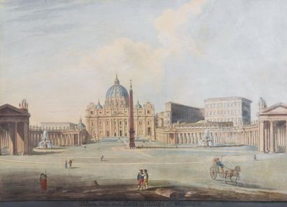 École italienne du XVIIIe siècle Vue animée de Saint Pierre de Rome Aquarelle sur...