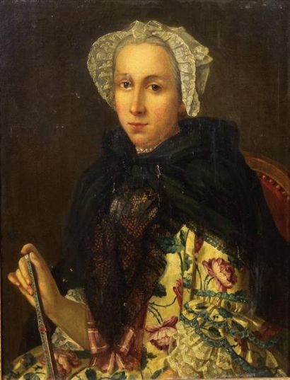 École Française du XVIIIe siècle Portrait de femme à l'éventail Huile sur toile,...