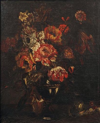 École italienne XVIIe siècle Bouquet de fleurs Huile sur toile 75 x 61,5 cm (Restaurations.)...