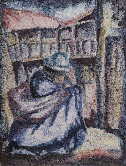 Jorge CARRASCO (1919-2006) Femme assise dans une rue Aquarelle sur papier froissé...