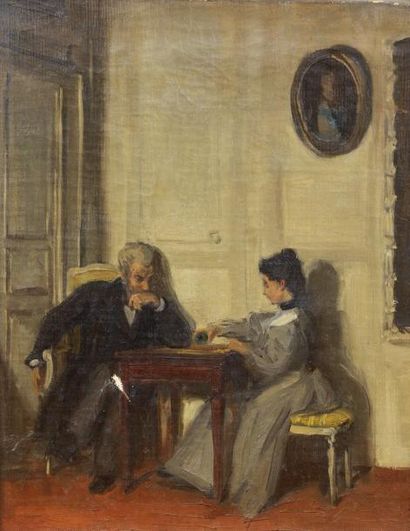 René-Xavier PRINET (1861-1946) Esquisse pour les joueurs de dames Huile sur toile,...