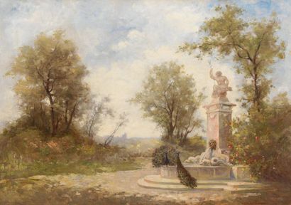 Victor TAUTY (École lyonnaise, XXe siècle) Fontaine aux paons dans un parc Huile...