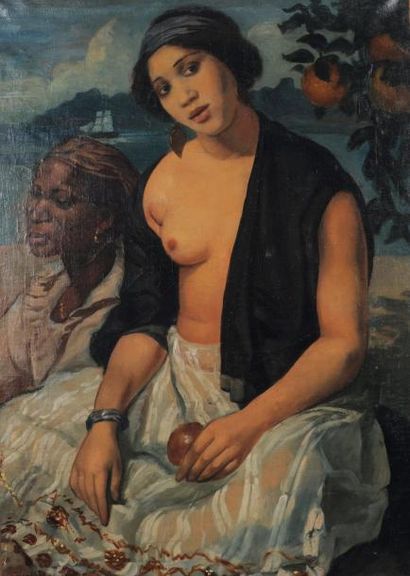 Émile BERNARD (1868-1941) Femme blanche assise, un sein dénudé, tenant une orange...