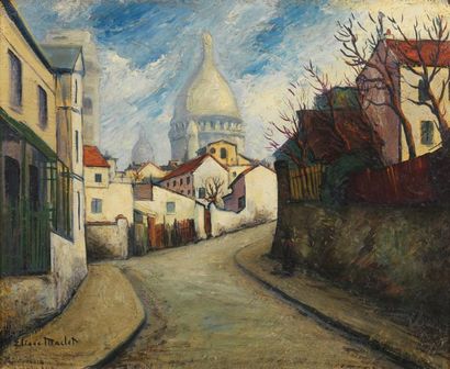 Élisée MACLET (1881-1962) Rue de l'abreuvoir en hiver Huile sur carton Signée en...