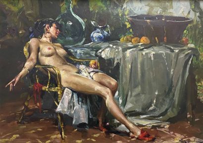 null Richard TOGO-DURANDO (born in 1910). 
Sleeping gypsy on the terrace
Oil on canvas...