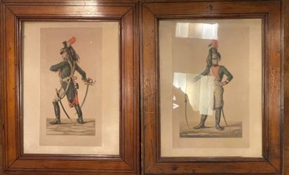 Two engravings in colors representing soldiers...