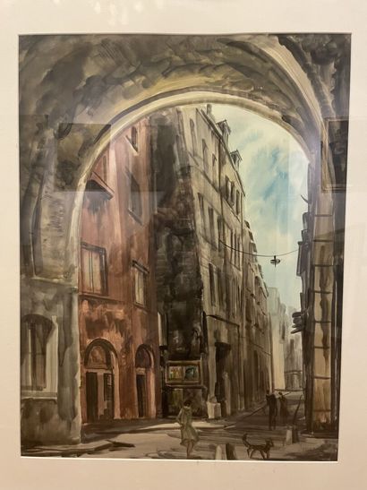 null Albert DECARIS (1901 - 1988)
Rue animée sous une arche 
Aquarelle, signée en...