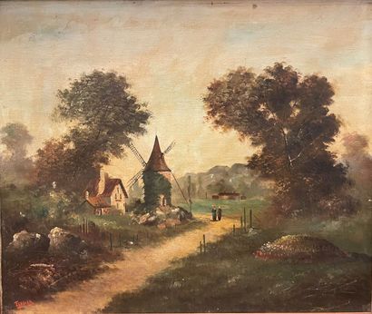 null Ecole française du XIXe siècle 
Paysage animé au moulin
Huile sur toile signée...