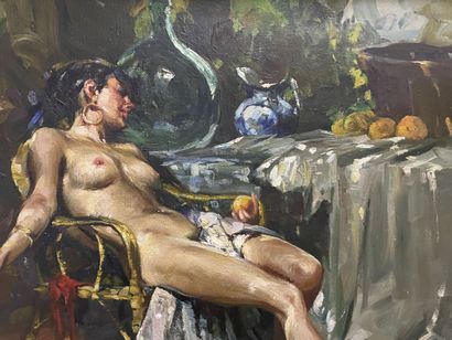 null Richard TOGO-DURANDO (born in 1910). 
Sleeping gypsy on the terrace
Oil on canvas...