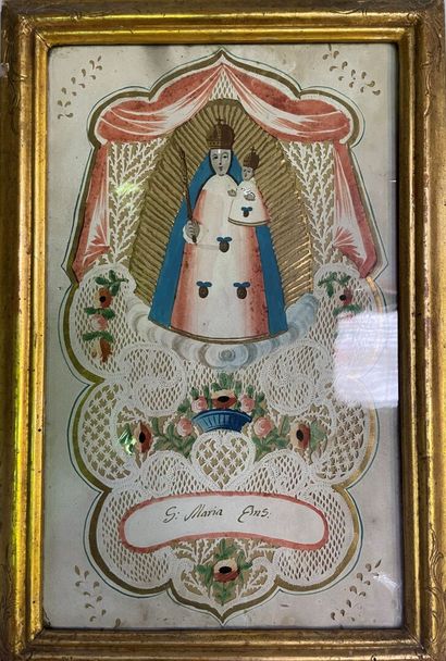 null Lot of two gouaches on paper with perforated decorations
Virgin and Child 
Saint...