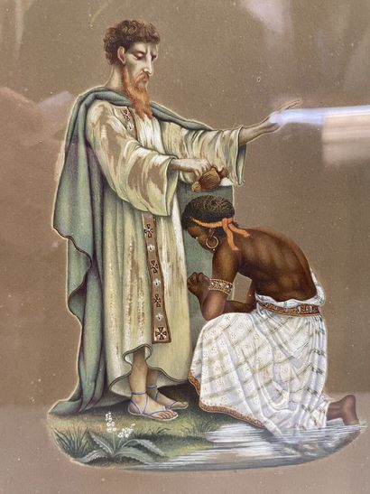 null Ecole française du XIXe siècle
Saint missionnaire baptisant un indigène 
Gouache...