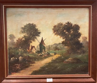 null French school of the 19th century 
Animated landscape with a mill
Oil on canvas...