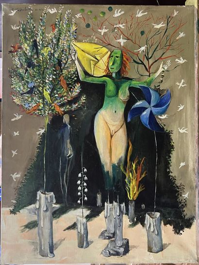 null David MESHULAM (1930-1987)
Lot de 4 tableaux :


Pomme de l'Eden
Huile sur toile,...