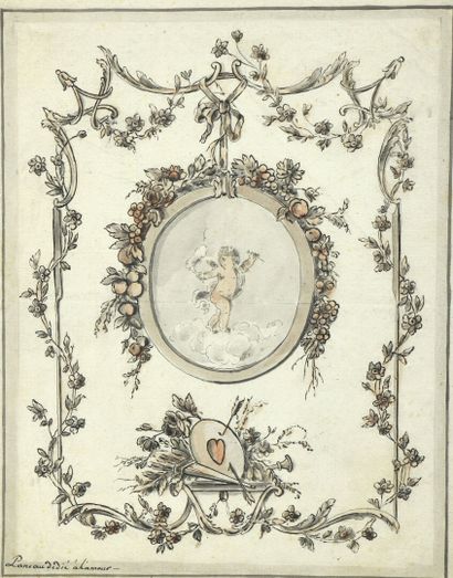 null École FRANCAISE du XVIIIe siècle
Panneau dédié à l’amour
Plume et encre noire,...
