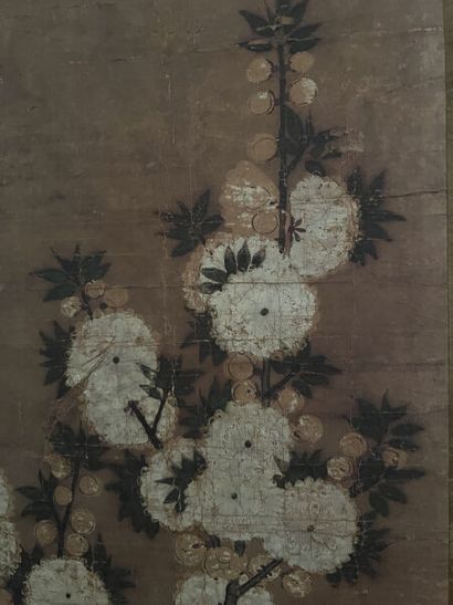 null CHINE - XVIIIe siècle
Encre polychrome sur papier, perruches parmi les pruniers...