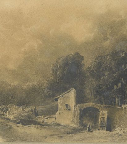 null Eugène CICERI
(Paris 1813 – Bourron – Marlotte 1890)
Paysage à la ferme
Lavis...
