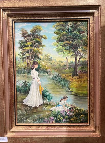 null L. M. BERGES, XXème siècle
Femme et fillette en bord de rivière
Huile sur toile,...